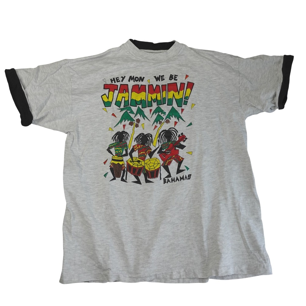 Vintage 90s Bahamas T Shirt Womens XL Grey Hey Mon We Be Jammin Ringer Tee Rasta
